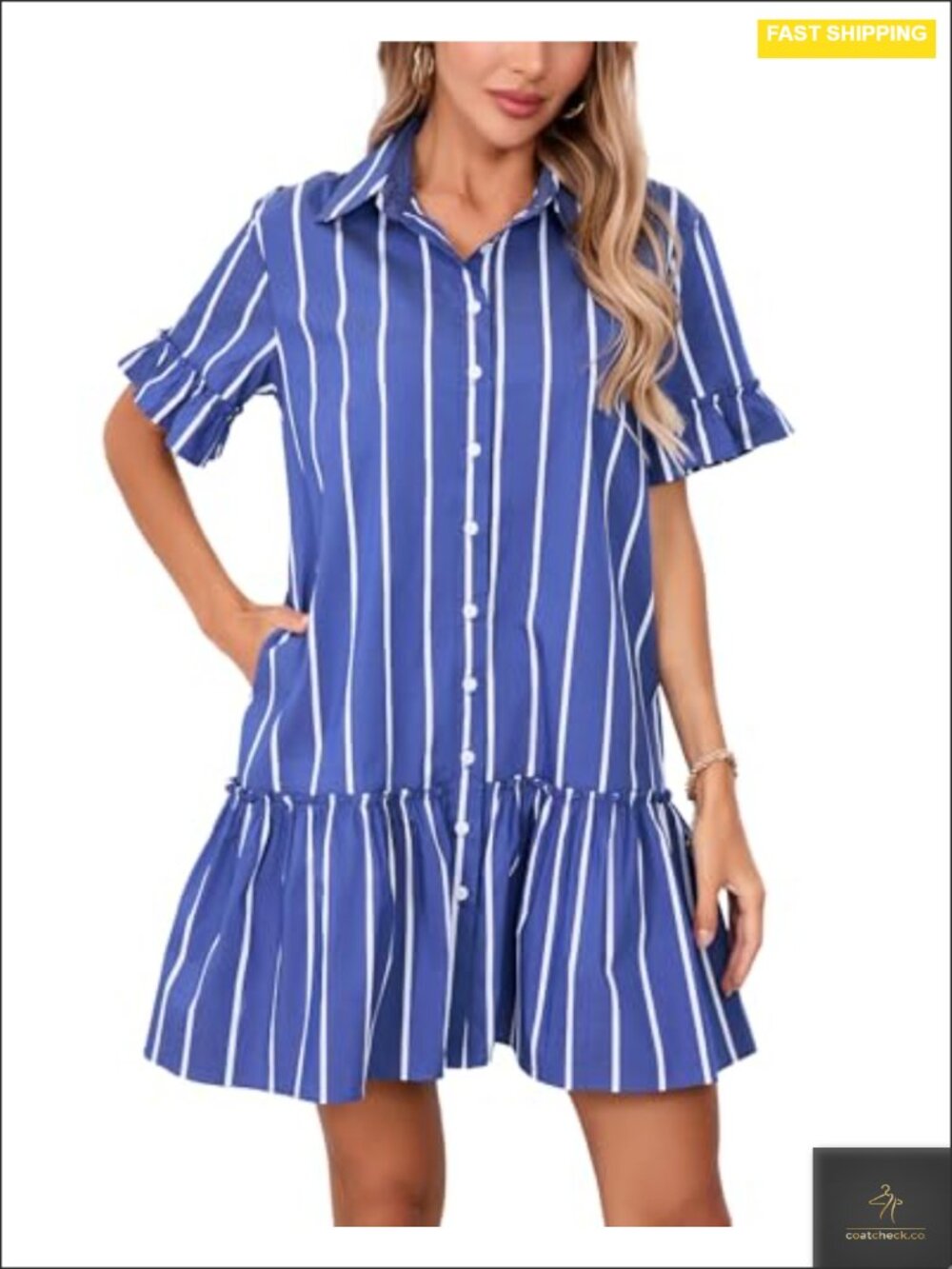Women's Casual Cotton Blend Shift Mini Dress with Pockets Ruffle Hem Drop Waist